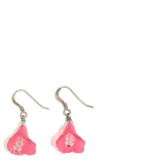 VINTAGE STERLING SILVER PINK FLORAL CRYSTAL DROP DANGLE 1" HOOK EARRINGS - Picture 3 of 8